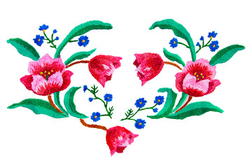 Embroidery pattern of flowers handmade smooth thread of floss on white background isolate with copy...
