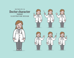 Doctor character (woman) illustration vector on green background. Medical concept.