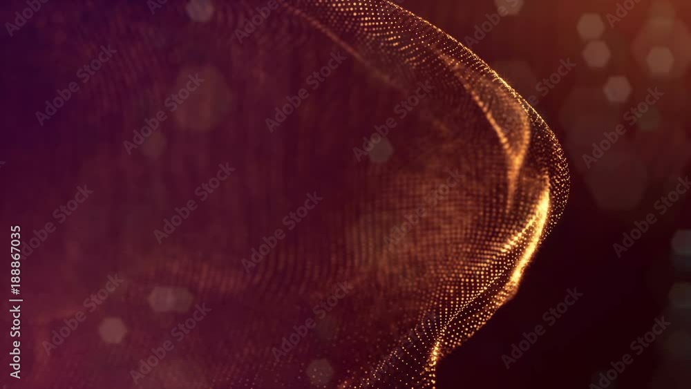 Poster gold seamless abstract background with particles. Virtual space with depth of field, glow sparkles and digital elements. Particles form lines, surface. Looped bg for HUD or virtual backdrop 17
