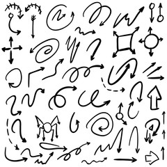 Arrow doodles vector. A set of simple sketches of arrows. Up, down, left, right ones. The effect of a pencil sketch isolated on white background.. Vector eps 10.