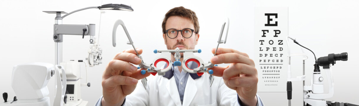 optician hands with trial frame, optometrist doctor examines eyesight, front view with instrument at clinic, web banner