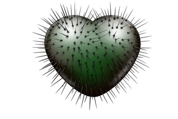 Evil green glossy heart with black spikes coming out on a white background