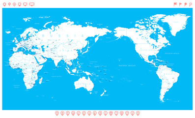 World Map White Blue - Asia in Center