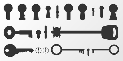 Silhouettes of keyholes and keys. Vector illustration.