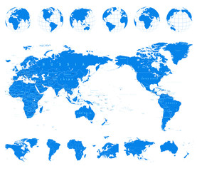 World Map Blue and Globes - Asia in Center