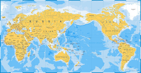 World Map Yellow Blue - Asia in Center
