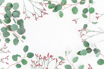 Flowers composition. Frame made of eucalyptus branches and pink flowers on white background. Flat lay, top view, copy space