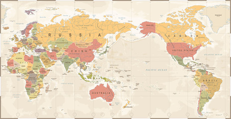 World Map Vintage Old Retro - Asia in Center