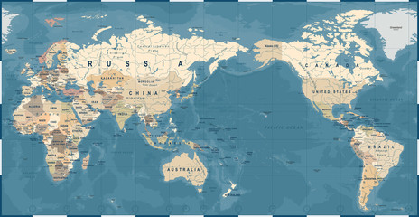 Naklejka premium Mapa świata Vintage Old Retro - Asia in Center