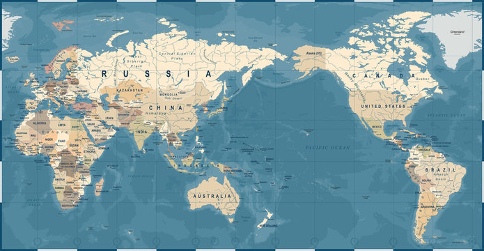 World Map Vintage Old Retro - Asia in Center