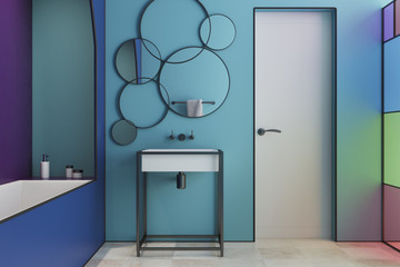 Blue modern bathroom interior, door