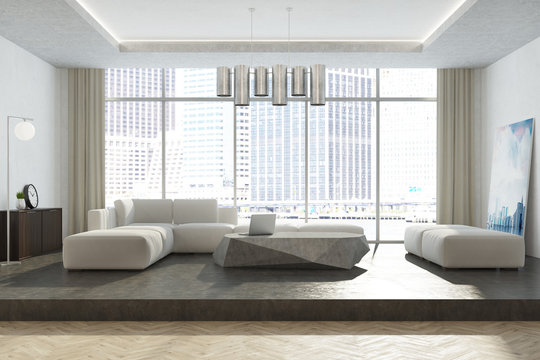 White panoramic living room interior