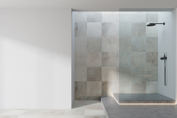 White and tiled bathroom interior, shower