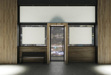 Modern restaurant, posters, a bench