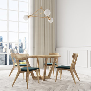 White dining room interior, wooden chairs close up