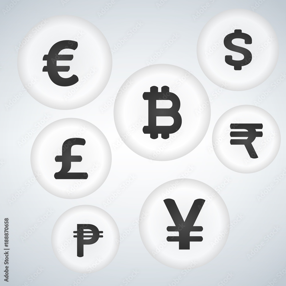 Poster world currency sign vector bubble button icon design set
