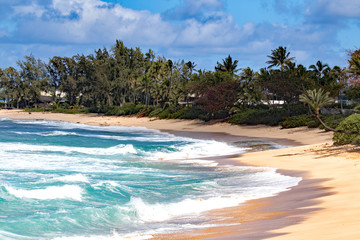Empty beach on a sunny day at Sunset beach, Oahu, Hawaii