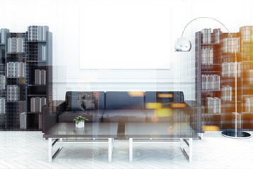 White living room, black sofa, poster double