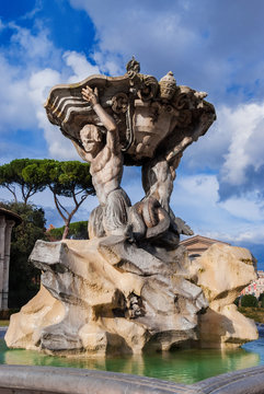 Fountain of the Tritons, beautiful baroque fountain completed in 1715, in the center of Forum Boarium square, in Rome