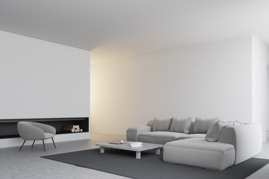 White living room interior corner, fireplace