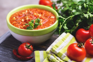 Indian Tomato Rasam with lentil, mint, cilantro and cashew