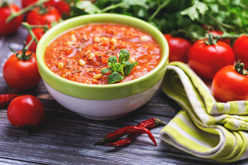 Indian Tomato Rasam with lentil, mint, cilantro and cashew