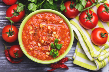 Indian Tomato Rasam with lentil, mint, cilantro and cashew