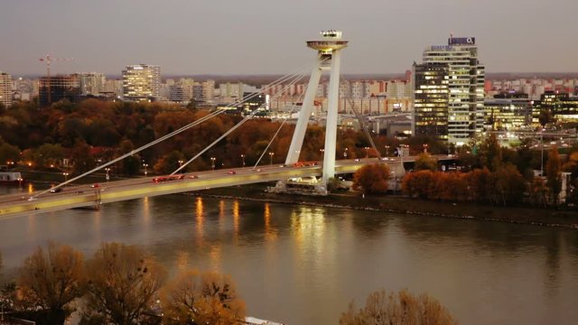 BRATISLAVA, SLOVAKIA - NOVEMBER 03, 2017: Aerial view of Bratislava with famous Bridge SNP in autumn day