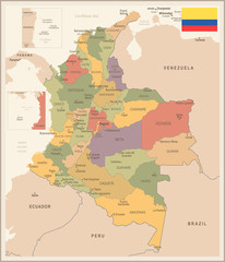 Colombia - vintage map and flag - Detailed Vector Illustration