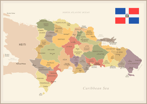 Dominican Republic - vintage map and flag - Detailed Vector Illustration