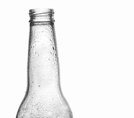 Transparent Glass beer bottle neck closeup, with water droplets, isolated on white