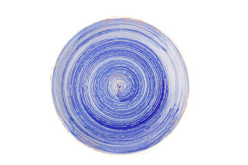 Blue round ceramic plate with spiral pattern, isolated on white