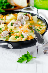 Pea soup with smoked mackerel