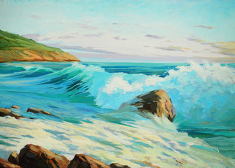 seascape of  mediterranean coast oil on canvas, illustration