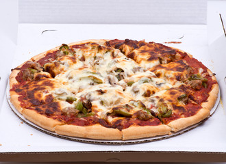 Chicago classic thin crust sausage, mushrooms, green peppers and onion pizza