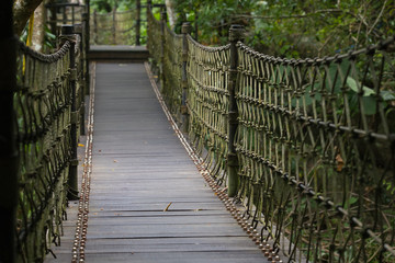 Suspended wooden bridge in the forest park YaNoDa