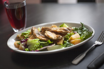 heatly chicken salad served on white plate 