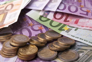 Euro banknotes, coins