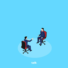 men in business suits are sitting opposite each other and talking, an isometric image