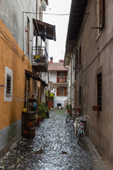 Between the streets of Pescasseroli during the snowfall. Pescasseroli, Abruzzo, Italy. October 13, 2017