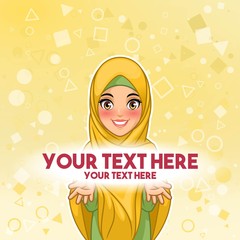 Muslim woman wearing hijab veil presenting text space cartoon character design, against yellow background, vector illustration.
