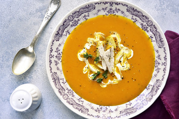Pumpkin soup with chicken.Top view.