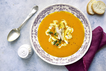 Pumpkin soup with chicken.Top view.