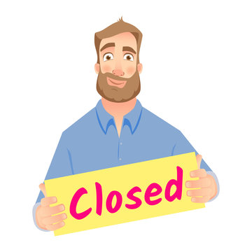 man holding closed sign