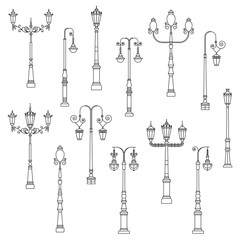 Collection of classic and modern city street light posts with three lanterns and hanging lamps in thin line design. Streetlight symbols, urban illumination and lighting equipment in outline design.