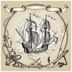 Adventure stories. Pirate background. Vintage border frame. Old caravel, vintage sailboat, sea monster.