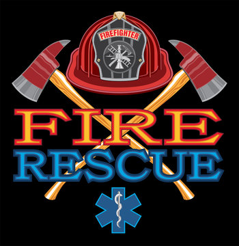 Fire Rescue Design is an illustration of vibrant text that says Fire and Rescue and includes a firefighter's Maltese cross, rescue Star of Life symbol and crossed fireman's axes.