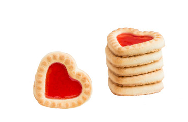 Sweet cookies in the shape of hearts for Valentine's day on a white background