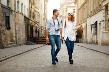 Travel. Tourist Couple Traveling, Walking On Street