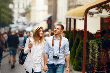 Travel. Tourist Couple Traveling, Walking On Street